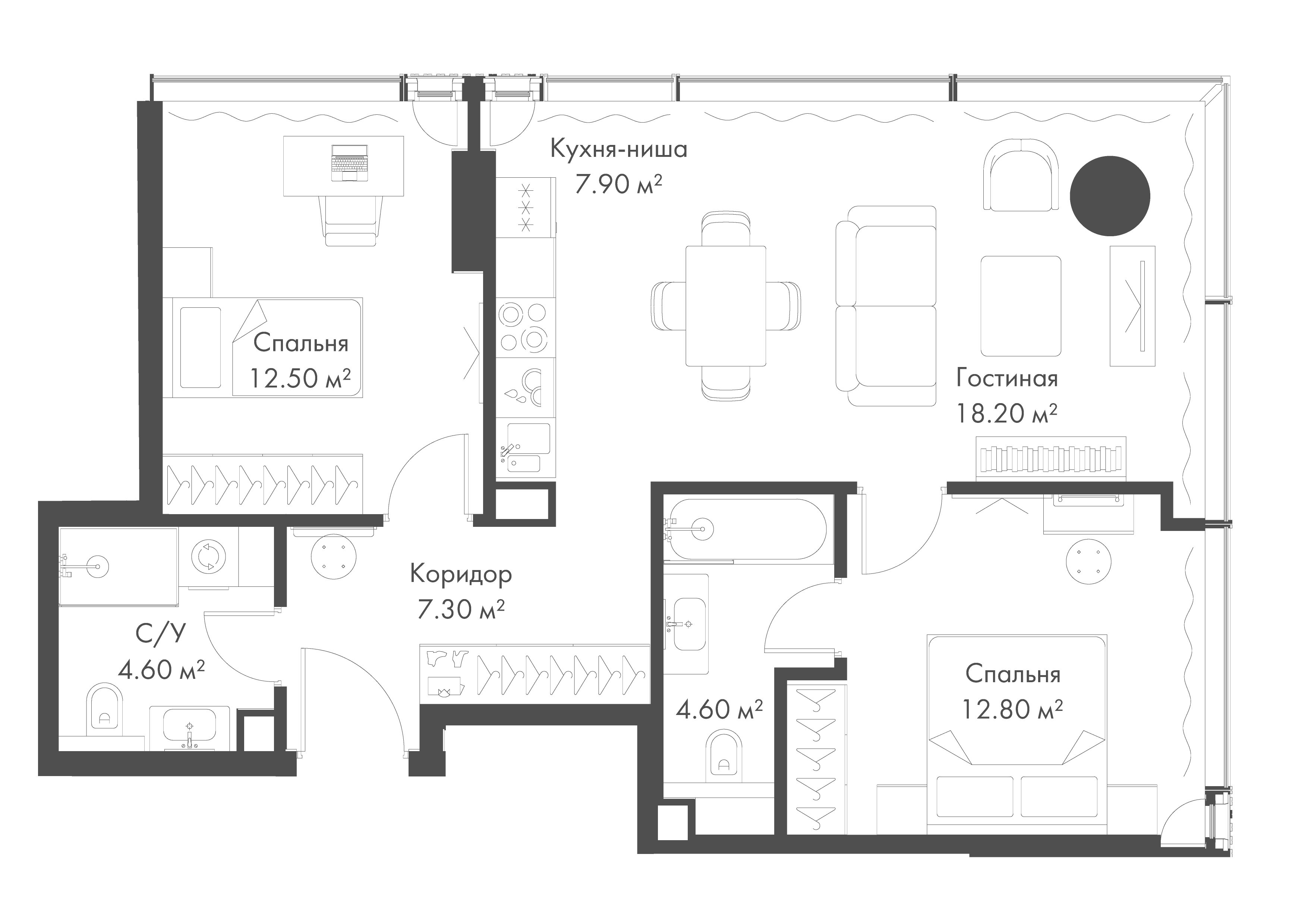 2-комнатная 67 м2 в ЖК СЛАВА корпус null этаж 26