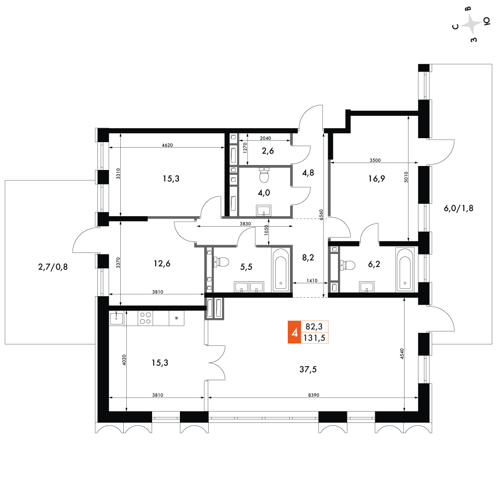 4-комнатная 144 м2 в ЖК Фордевинд корпус null этаж 1