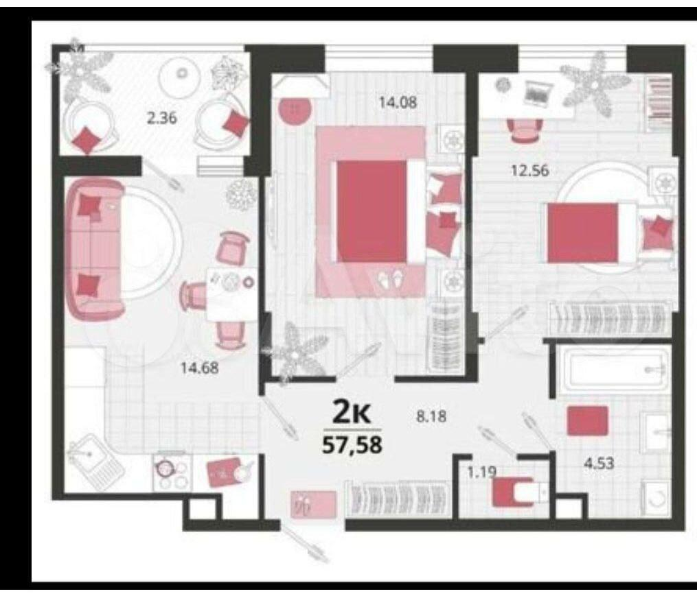 2-комнатная 60 м2 в ЖК undefined корпус null этаж 18