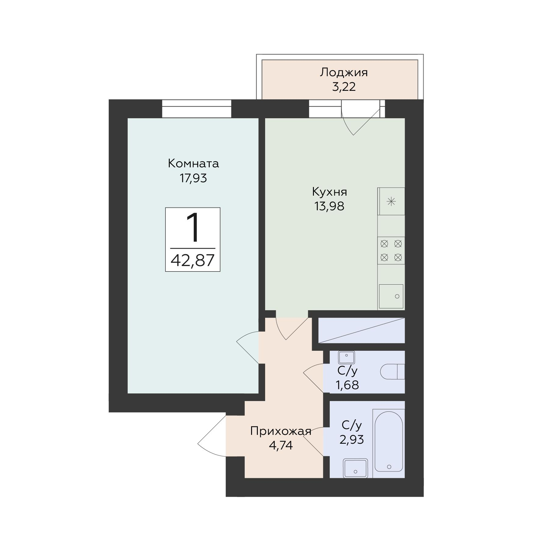 1-комнатная 42 м2 в ЖК Юность корпус null этаж 12