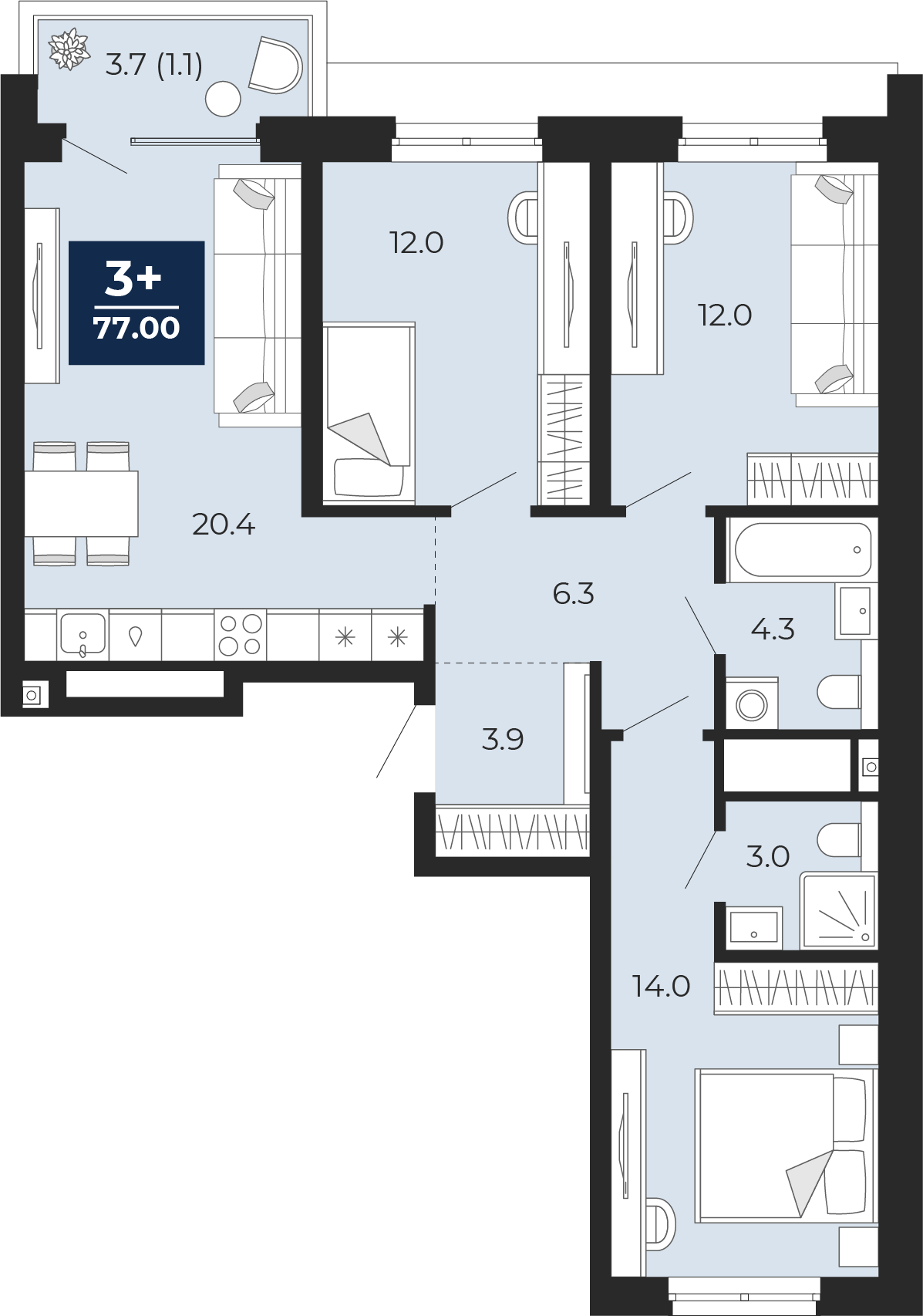 3-комнатная 75 м2 в ЖК Мириады корпус null этаж 12