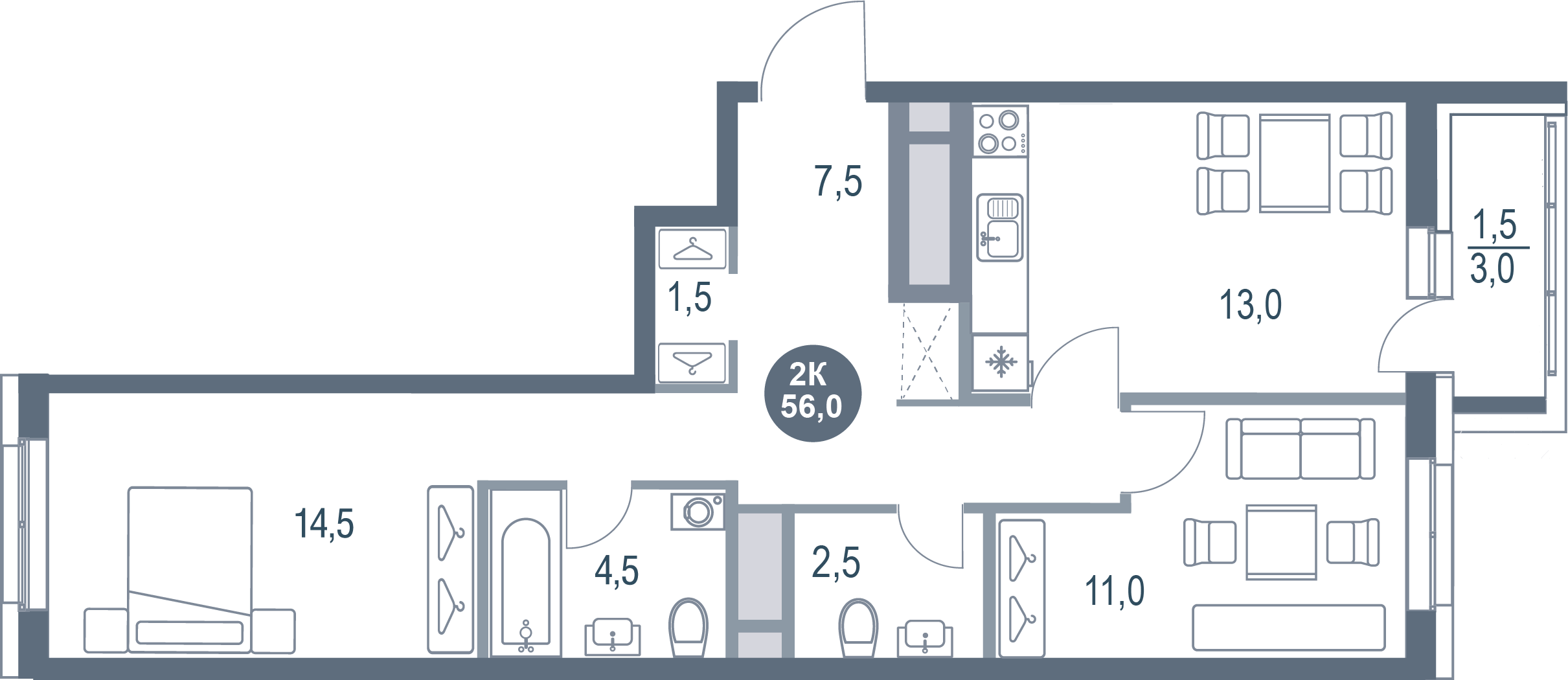 2-комнатная 56 м2 в ЖК Русич Котельники Парк корпус null этаж 12