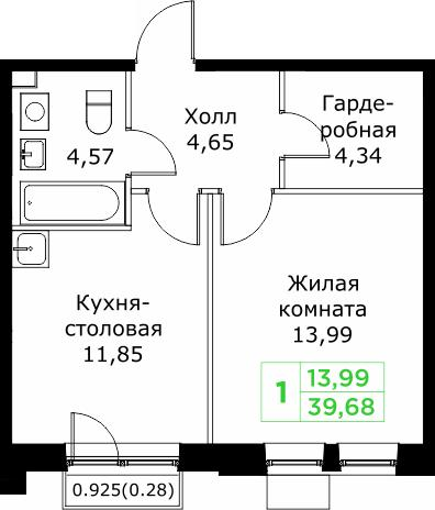1-комнатная 39 м2 в ЖК Кит корпус null этаж 25