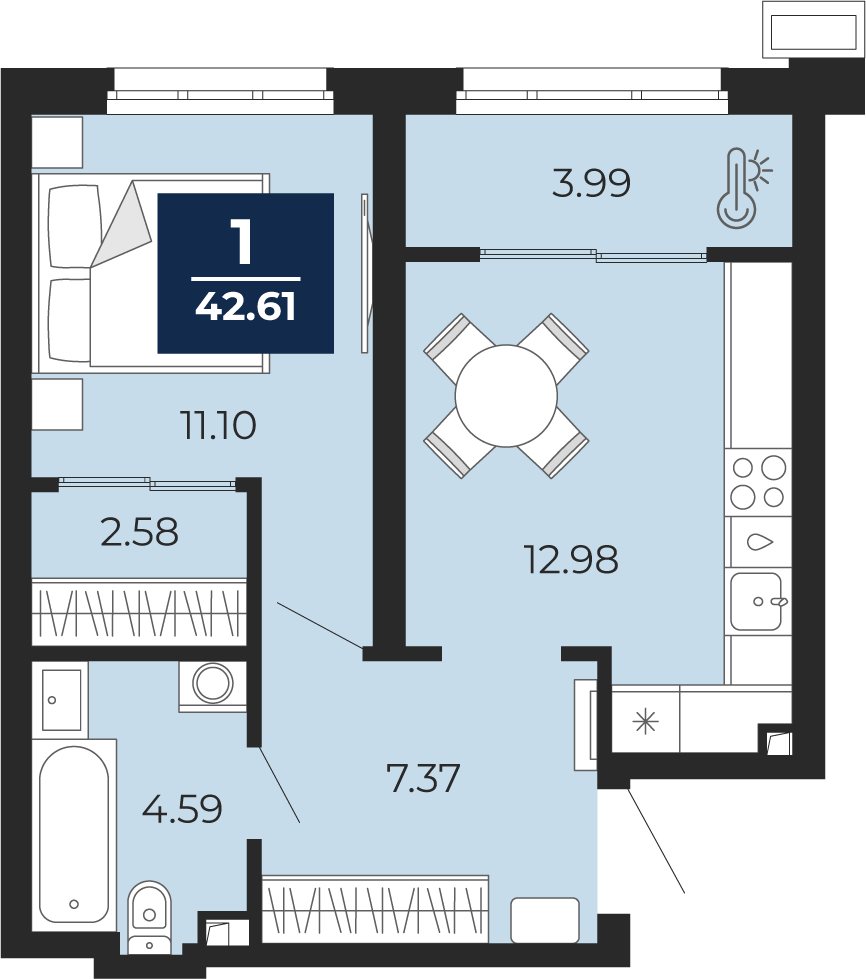 1-комнатная 42 м2 в ЖК Беринг корпус null этаж 1