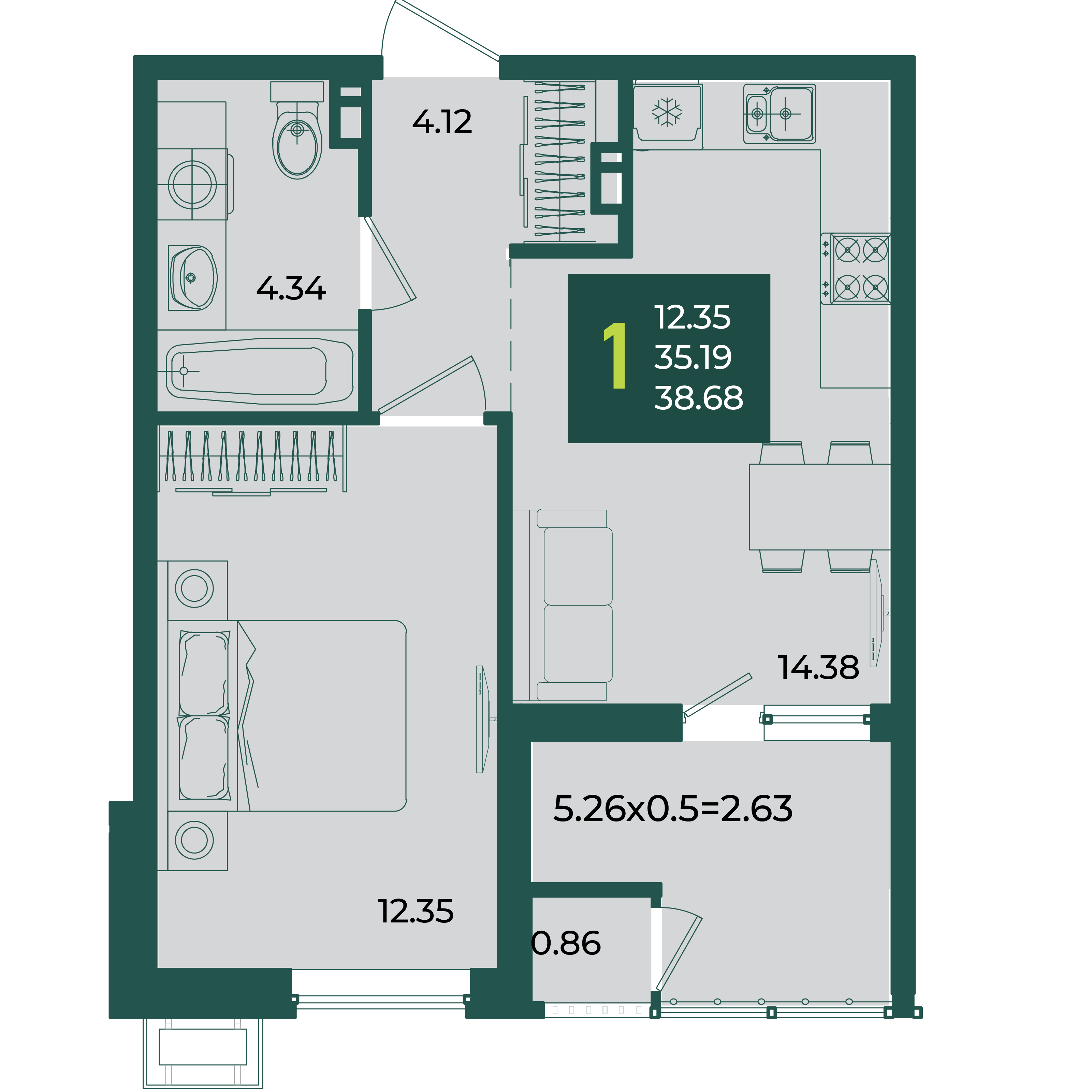 1-комнатная 38 м2 в ЖК Образцово корпус null этаж 5