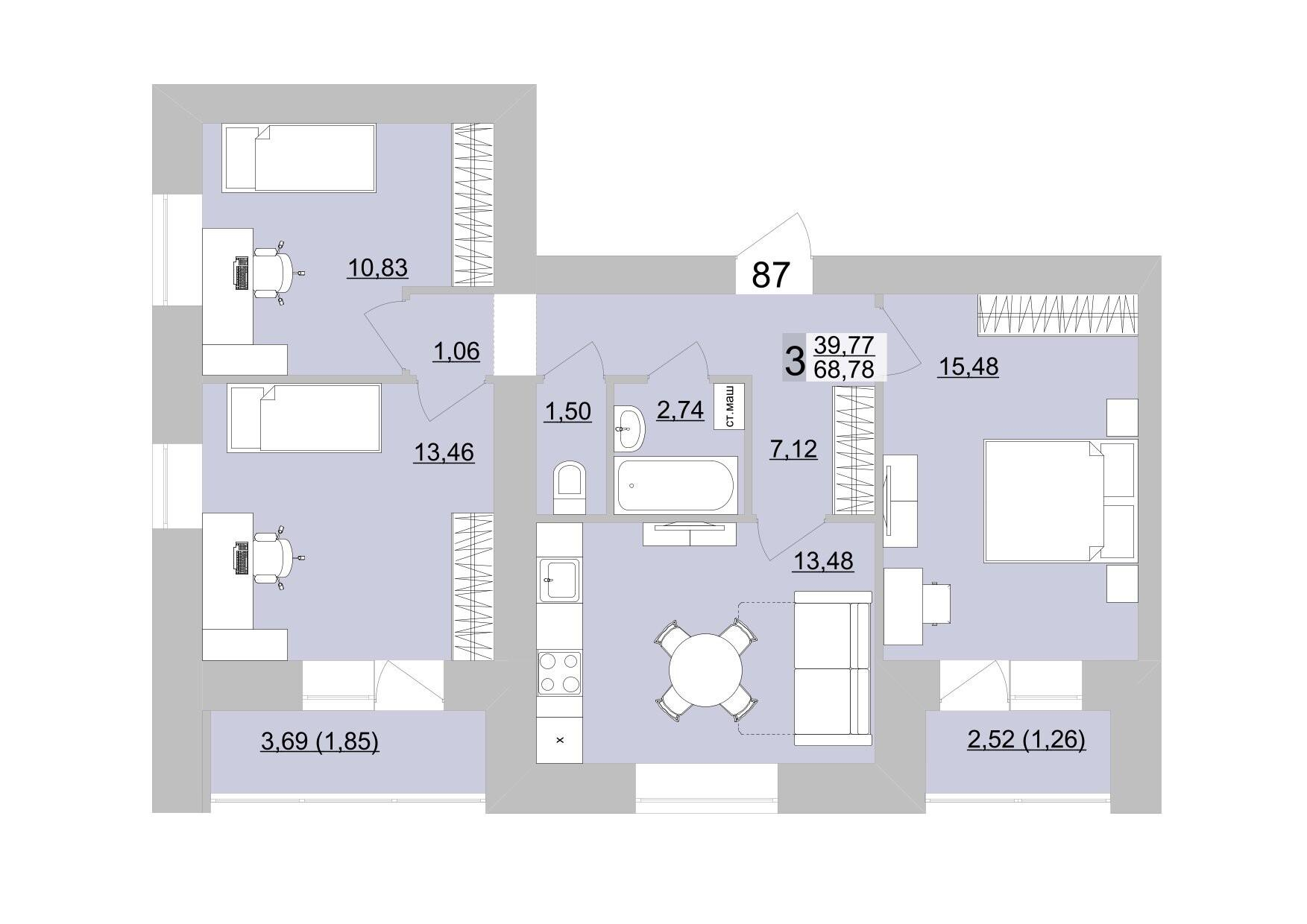 3-комнатная 71 м2 в ЖК Философия Идеалистов на Театральной корпус null этаж 15