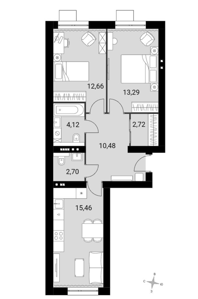 2-комнатная 61.5 м2 в ЖК undefined корпус null этаж 2