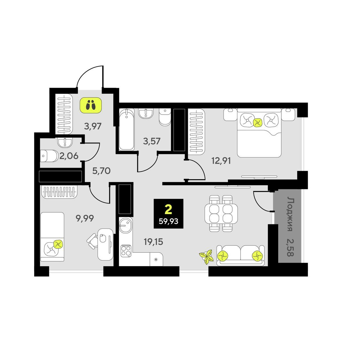 2-комнатная 59 м2 в ЖК Мотивы корпус null этаж 8