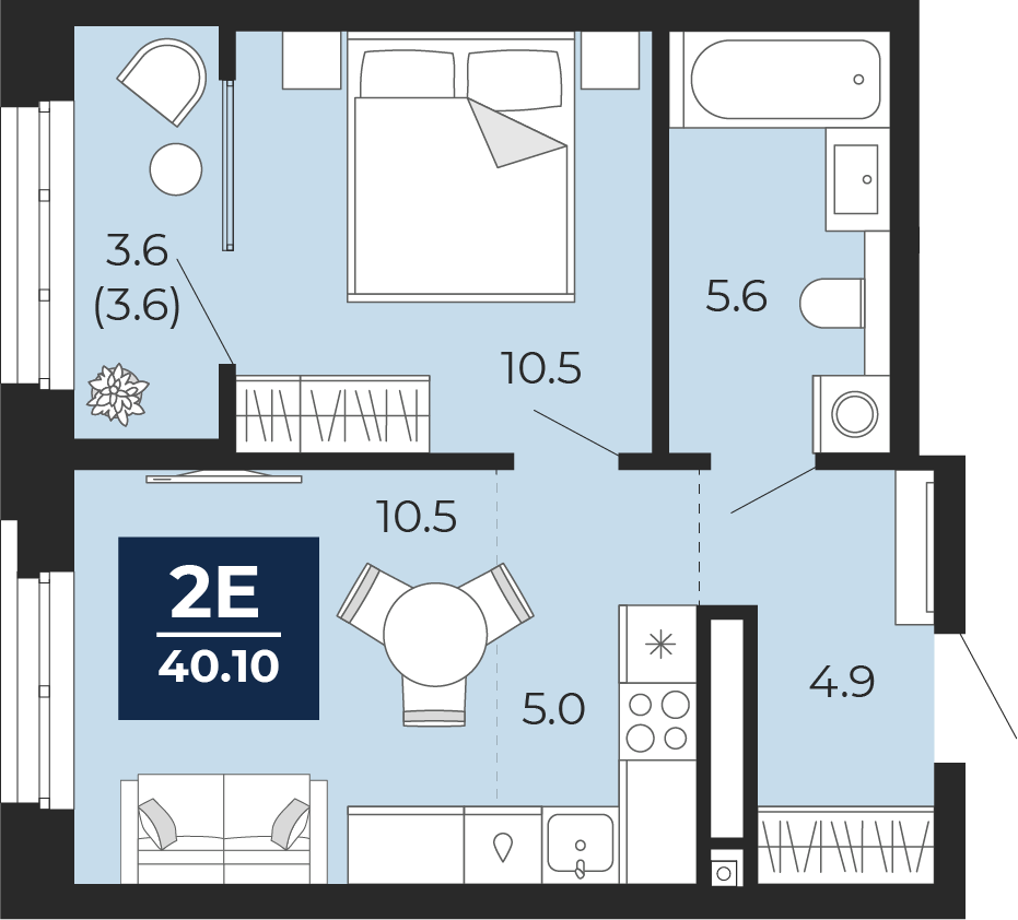 2-комнатная 40 м2 в ЖК Мириады корпус null этаж 5