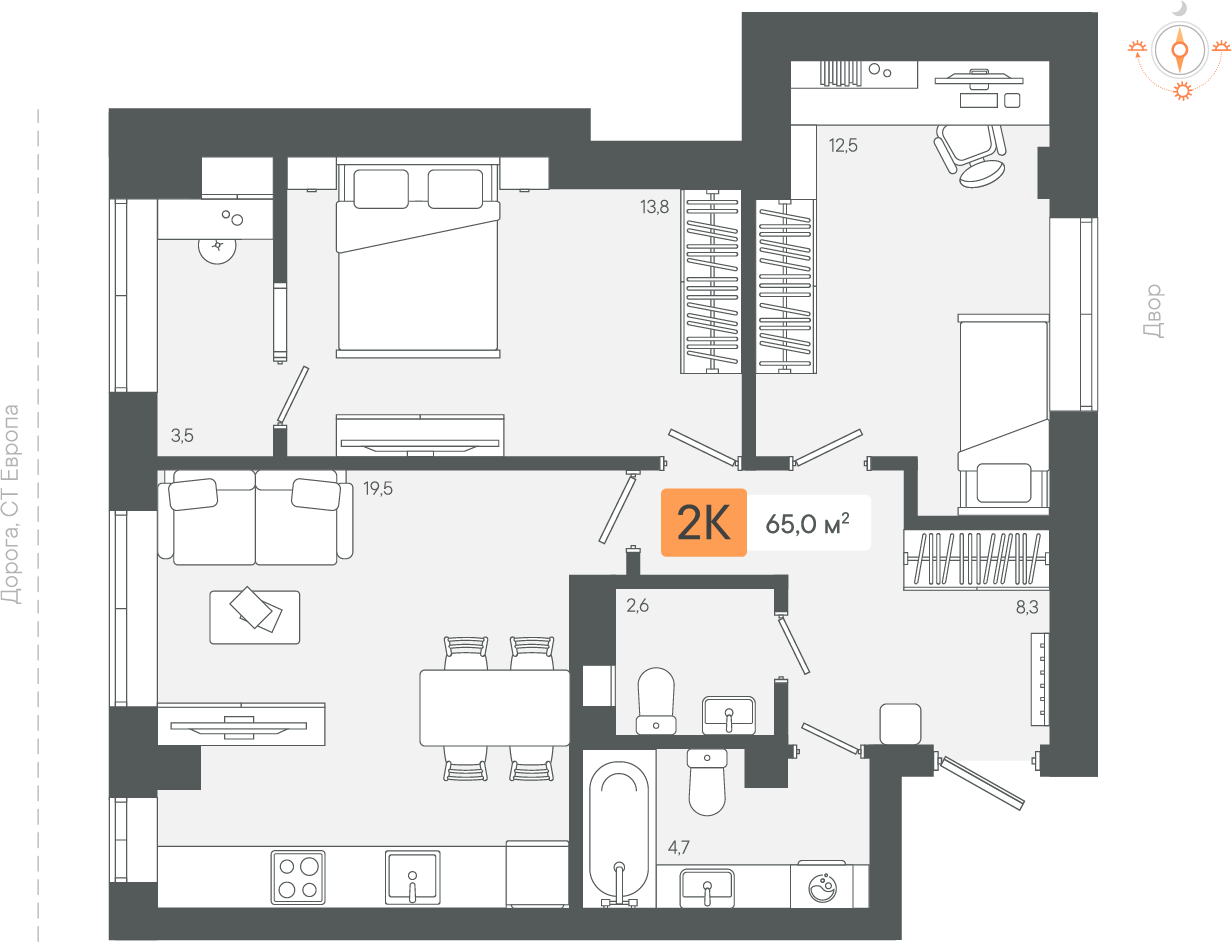 2-комнатная 65 м2 в ЖК Zori корпус null этаж 2