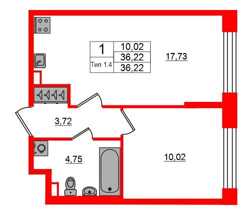 1-комнатная 36 м2 в ЖК Setl Ривьера корпус null этаж 1