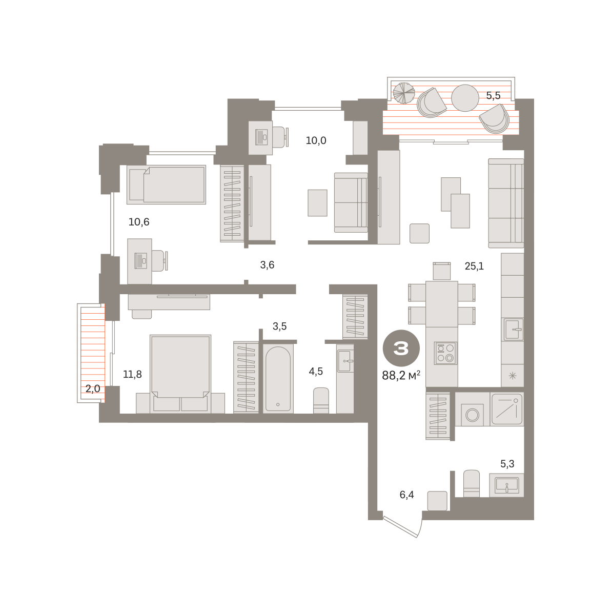 3-комнатная 89 м2 в ЖК Квартал МОНС корпус null этаж 9