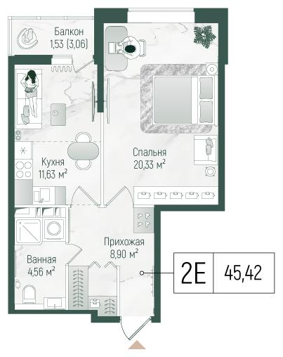 1-комнатная 46 м2 в ЖК Рига Хиллс корпус null этаж 9