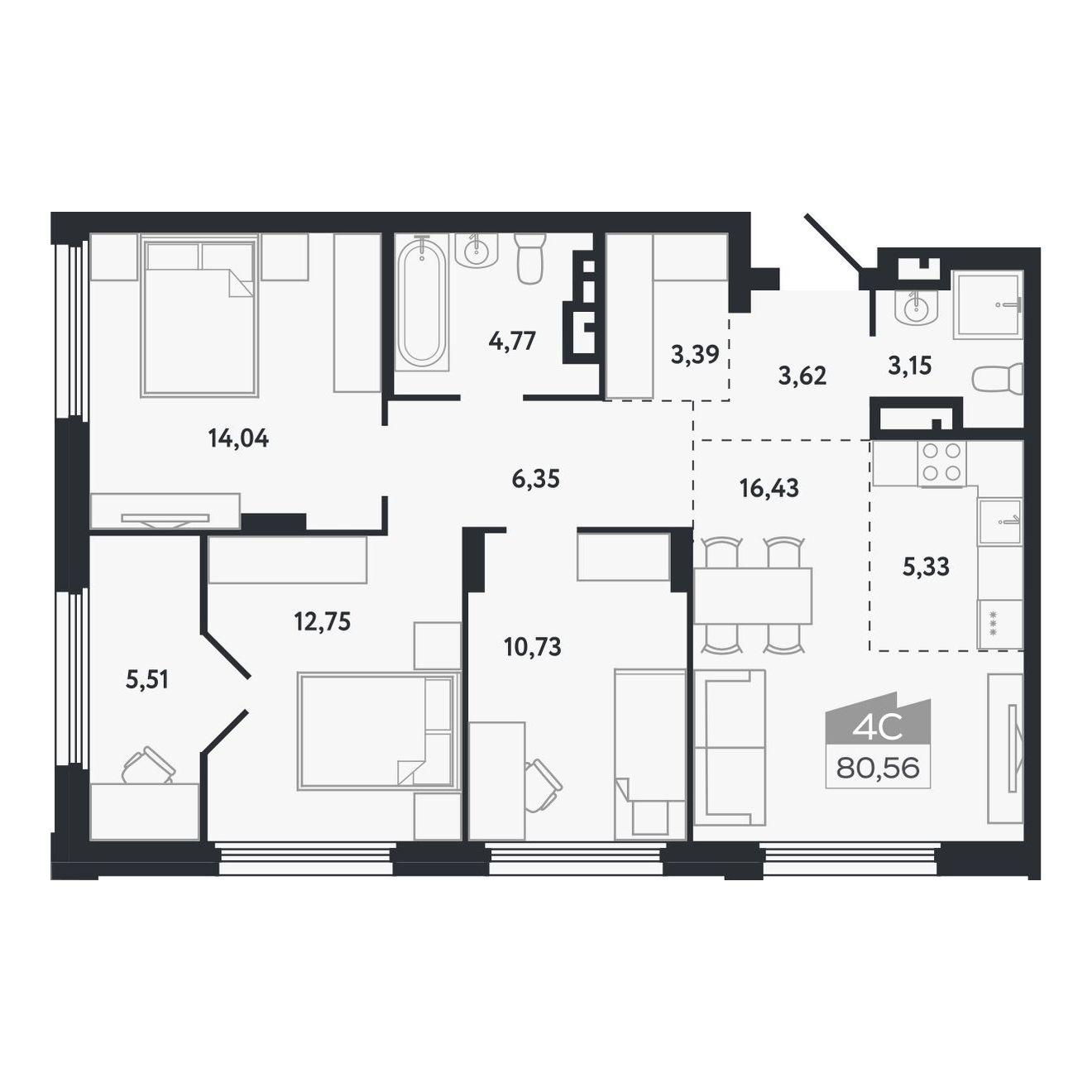 4-комнатная 80 м2 в ЖК Квартал 1604 корпус null этаж 12