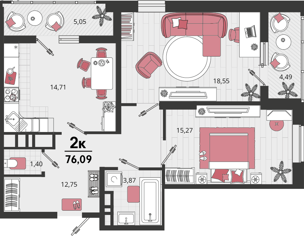 2-комнатная 76 м2 в ЖК Родные просторы корпус null этаж 9