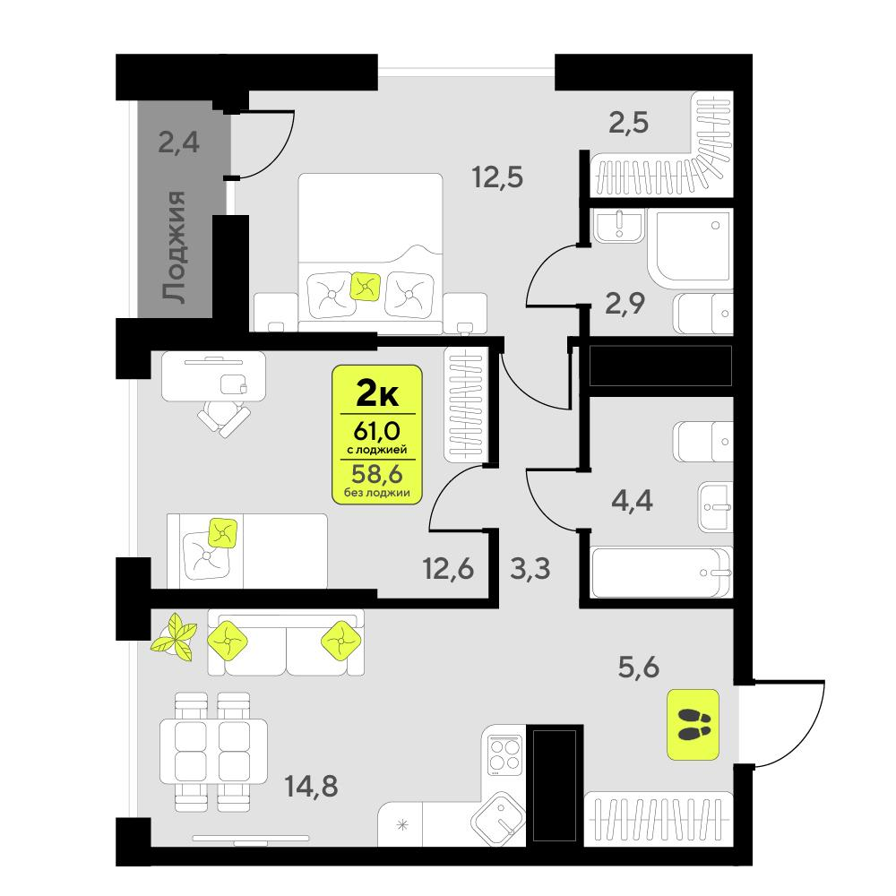 2-комнатная 61 м2 в ЖК Мотивы корпус null этаж 9