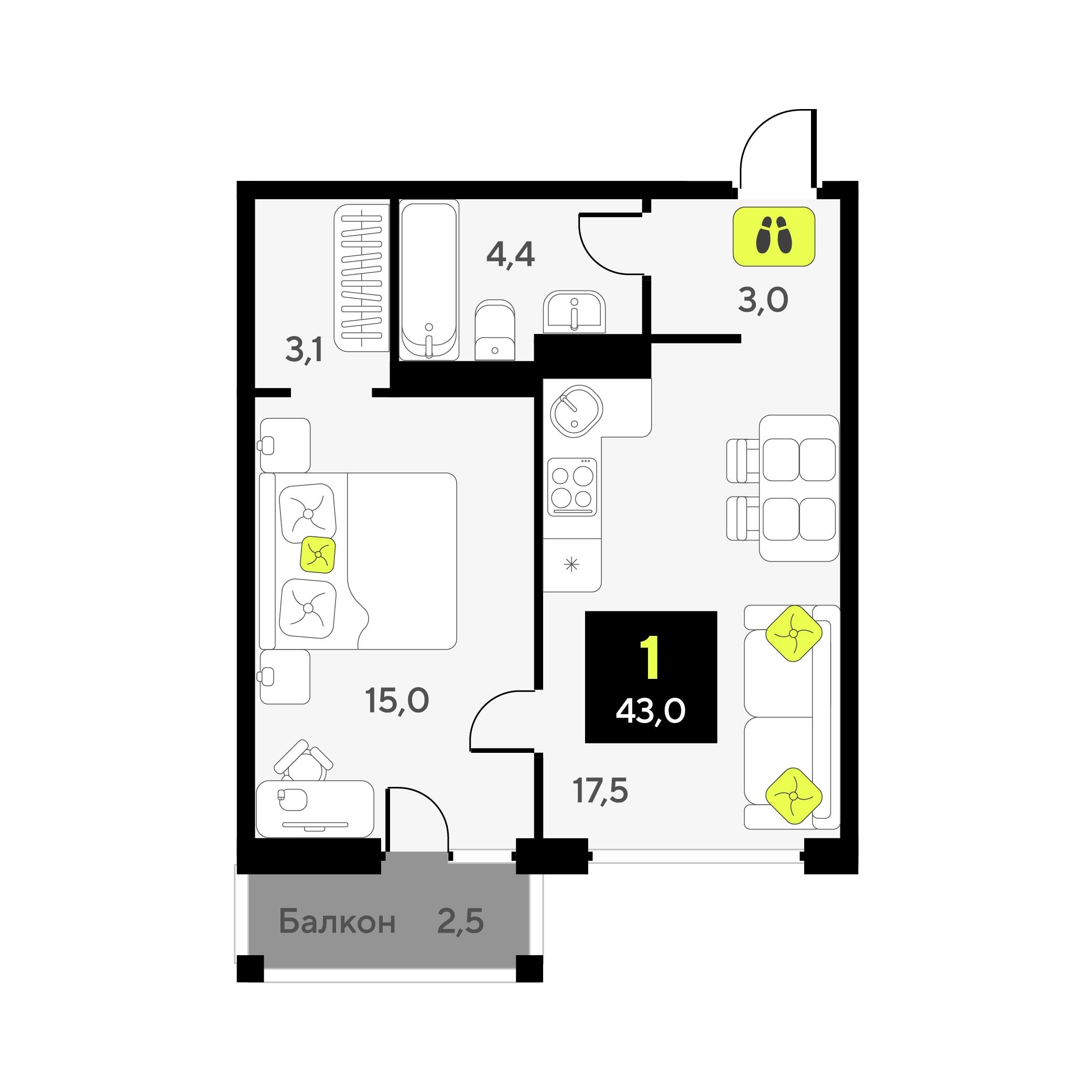 1-комнатная 43 м2 в ЖК Дивный квартал у озера корпус null этаж 7