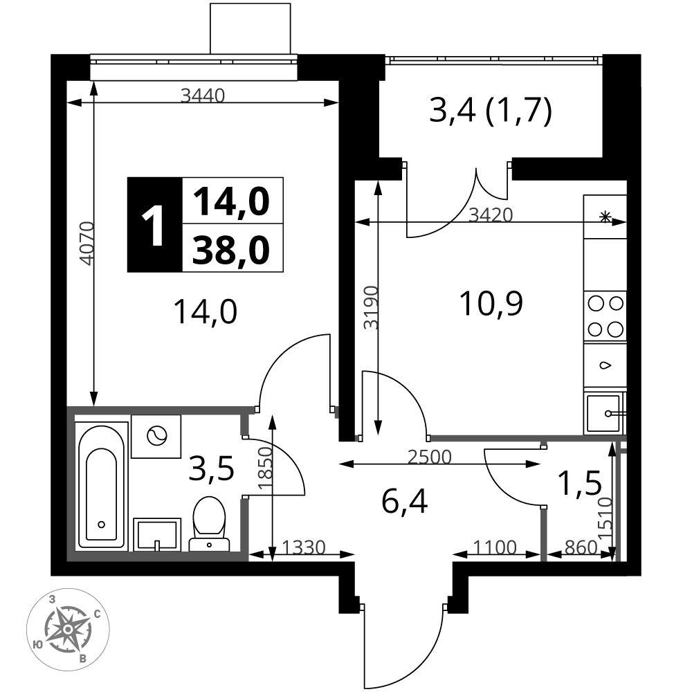 1-комнатная 38 м2 в ЖК 1-й Южный корпус null этаж 14