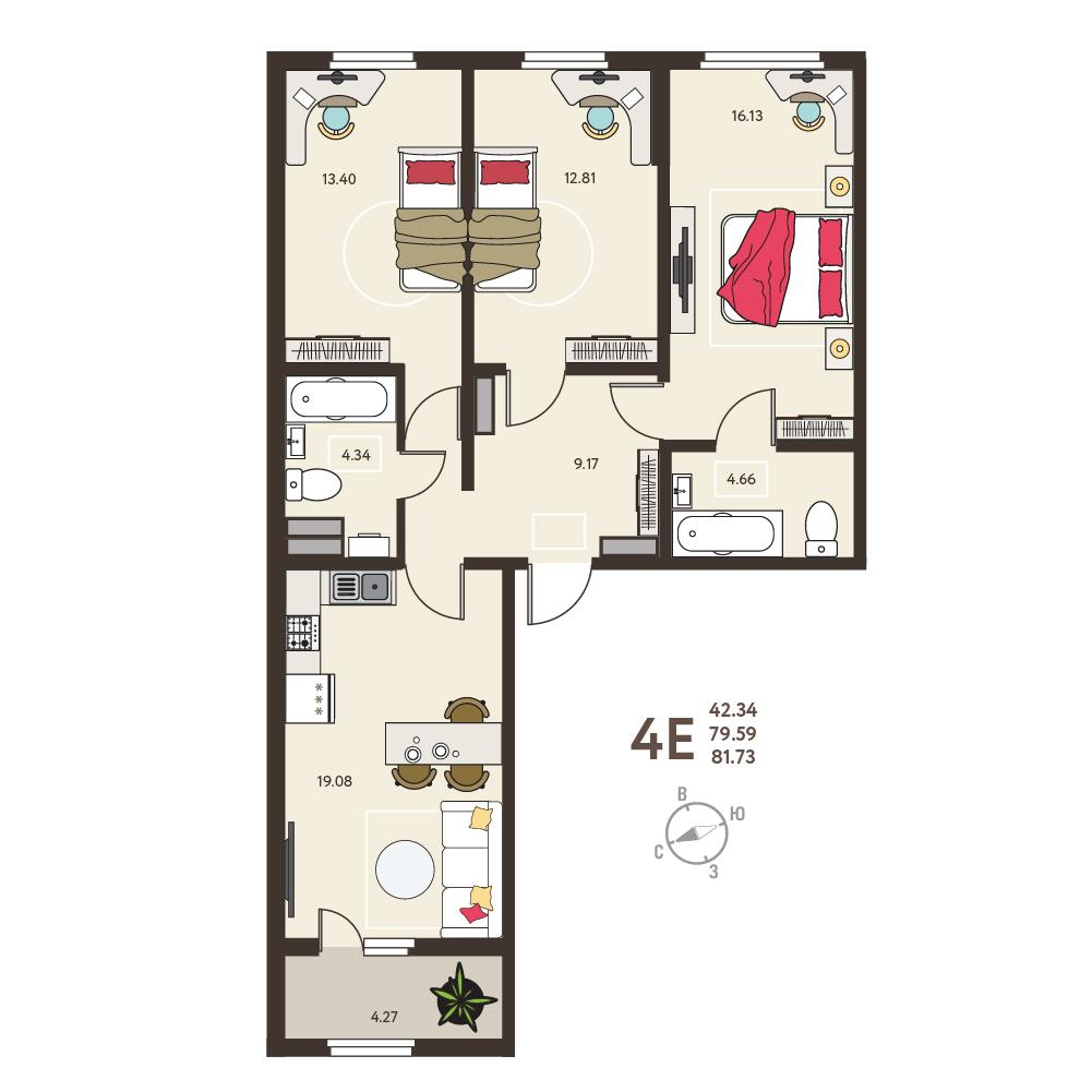 3-комнатная 81 м2 в ЖК Инстеп.Сити корпус null этаж 13