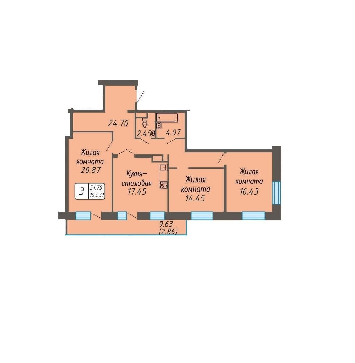 3-комнатная 103 м2 в ЖК Микрорайон Никольский корпус null этаж 8