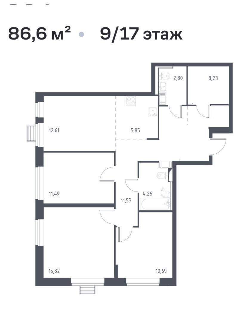 3-комнатная 86.6 м2 в ЖК undefined корпус null этаж 9