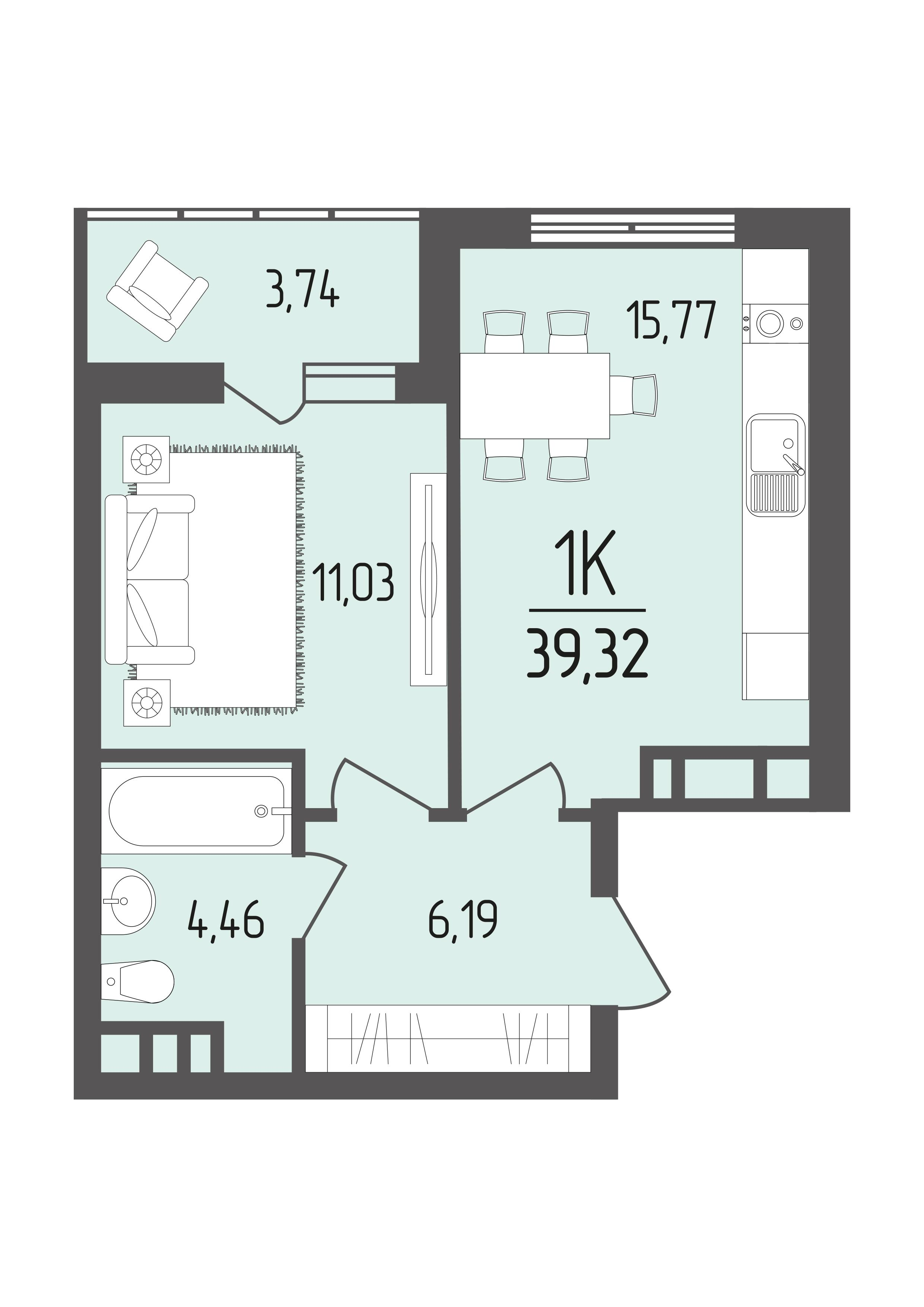 1-комнатная 39 м2 в ЖК Кумир корпус null этаж 7