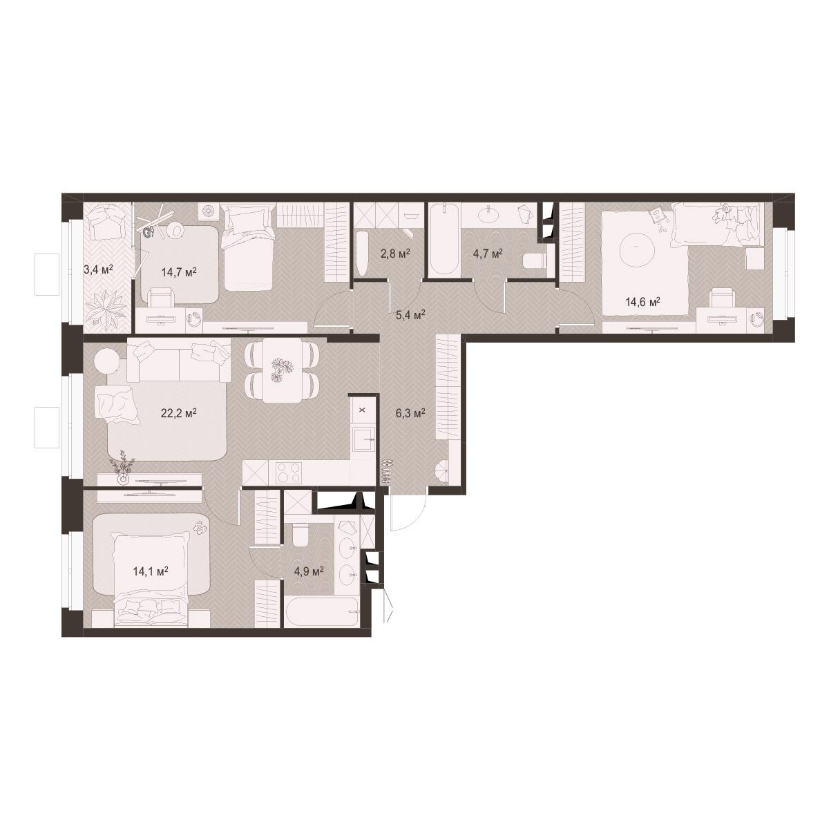 3-комнатная 93 м2 в ЖК Гранд Комфорт-3 корпус null этаж 15