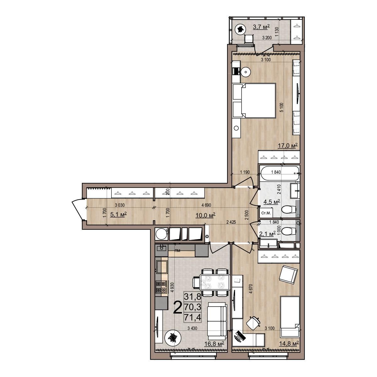 2-комнатная 74 м2 в ЖК Еврокласс-5 корпус null этаж 20