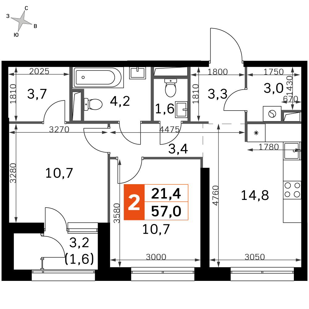 2-комнатная 57 м2 в ЖК Sky Garden корпус null этаж 13