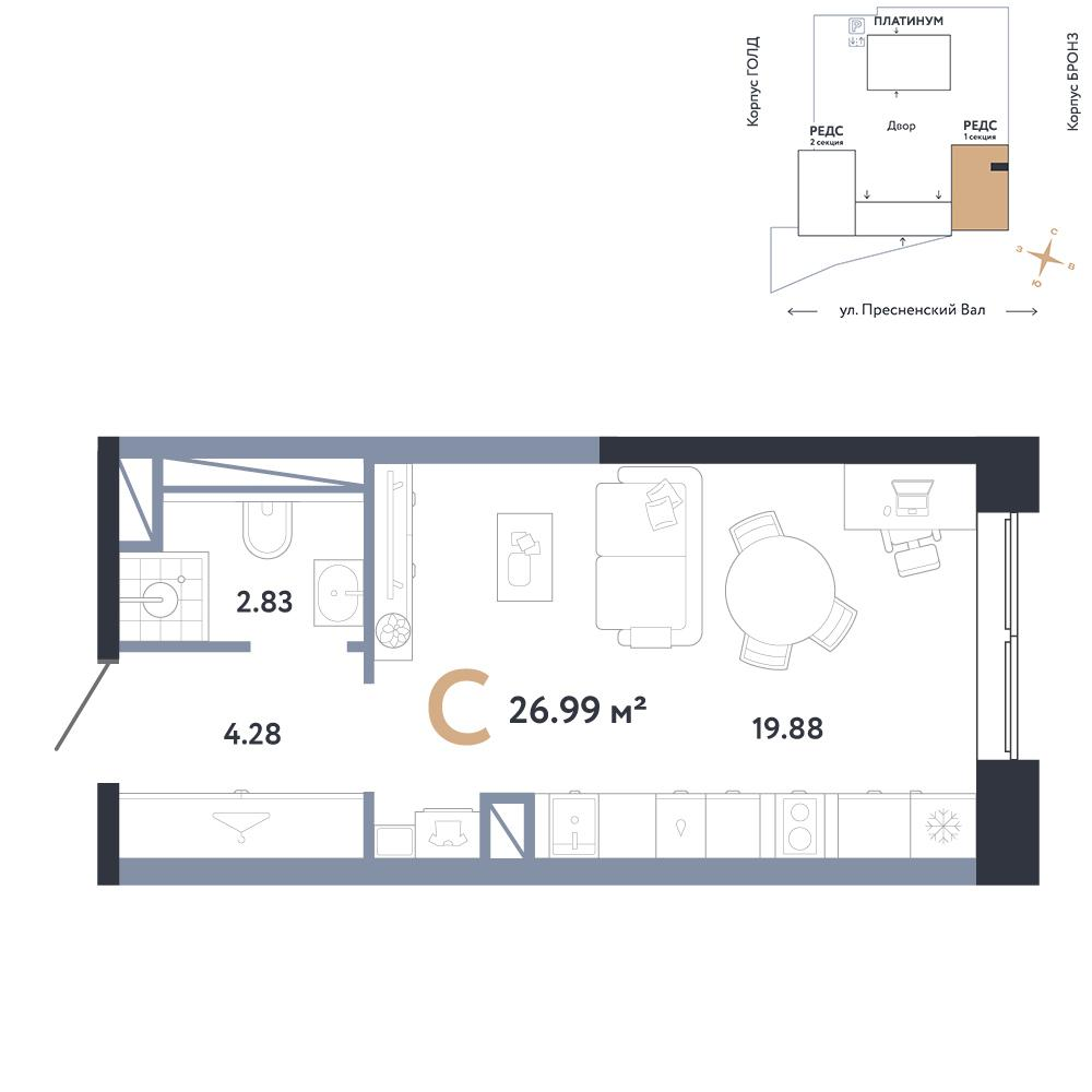 1-комнатная 26 м2 в ЖК Репаблик корпус null этаж 5