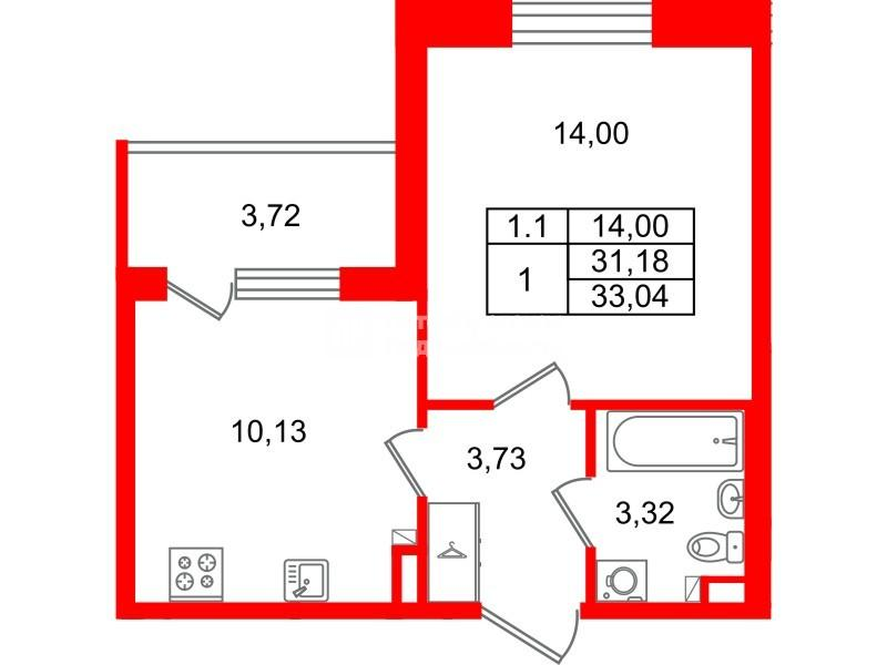 1-комнатная 31 м2 в ЖК Парадный ансамбль корпус null этаж 3