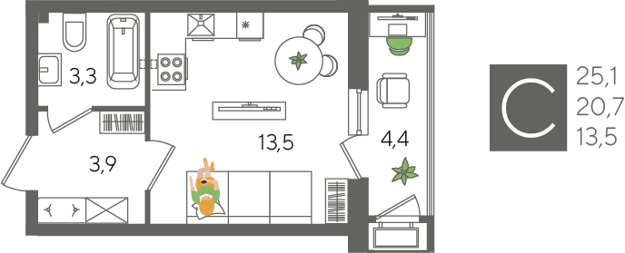 Студия 25 м2 в ЖК Рекорд 2 корпус null этаж 2