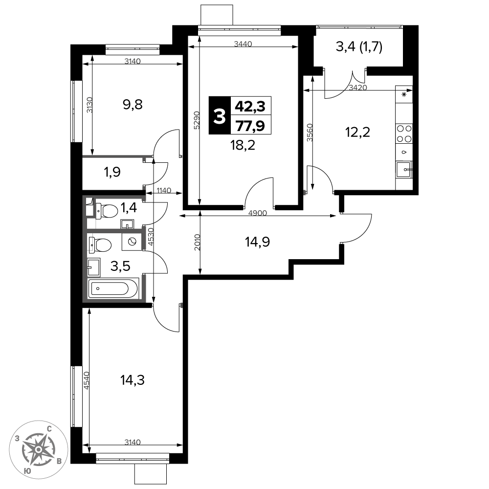 3-комнатная 77 м2 в ЖК 1-й Донской корпус null этаж 23