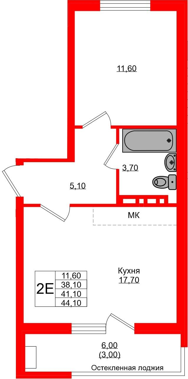 1-комнатная 41 м2 в ЖК Кроны и Волны корпус null этаж 1