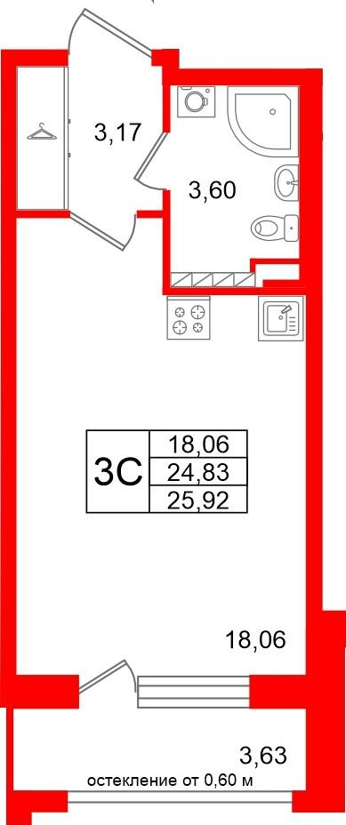 Студия 24 м2 в ЖК Универ Сити корпус null этаж 3