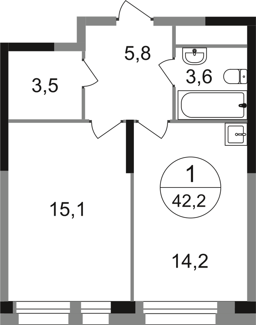 1-комнатная 42 м2 в ЖК Первый Московский корпус null этаж 7