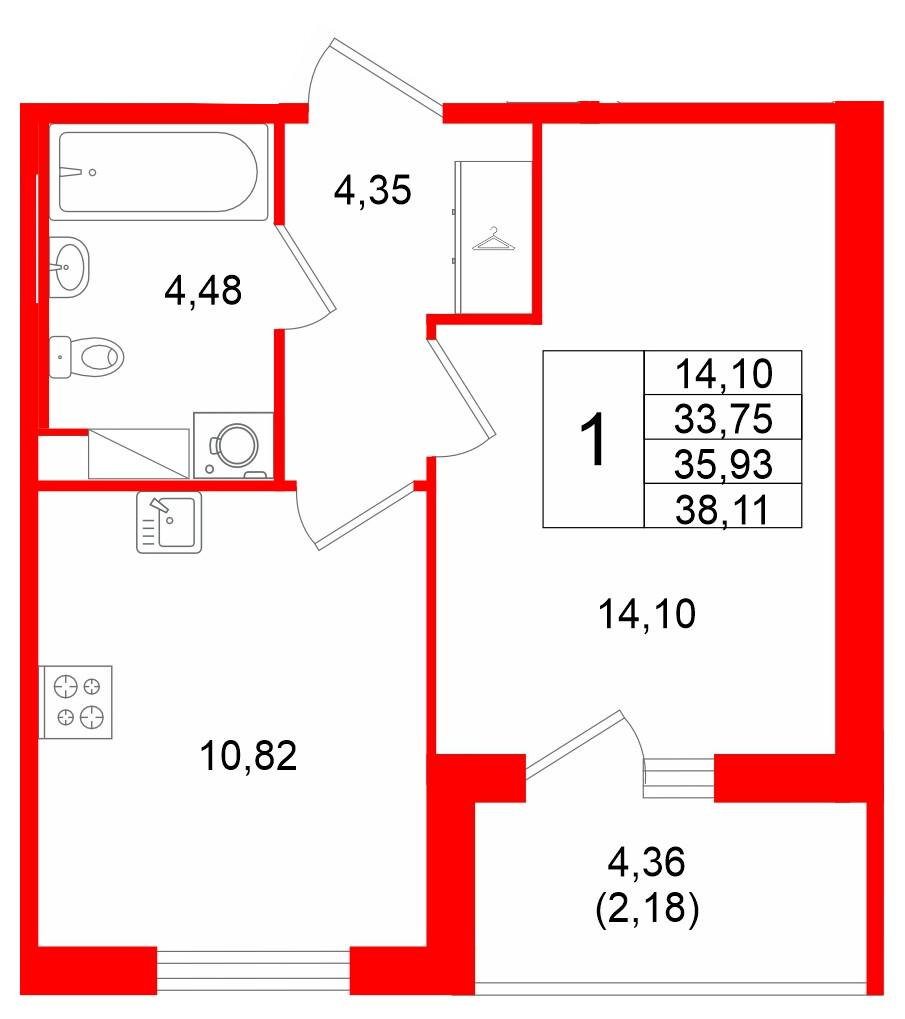 1-комнатная 35 м2 в ЖК IQ Гатчина корпус null этаж 7