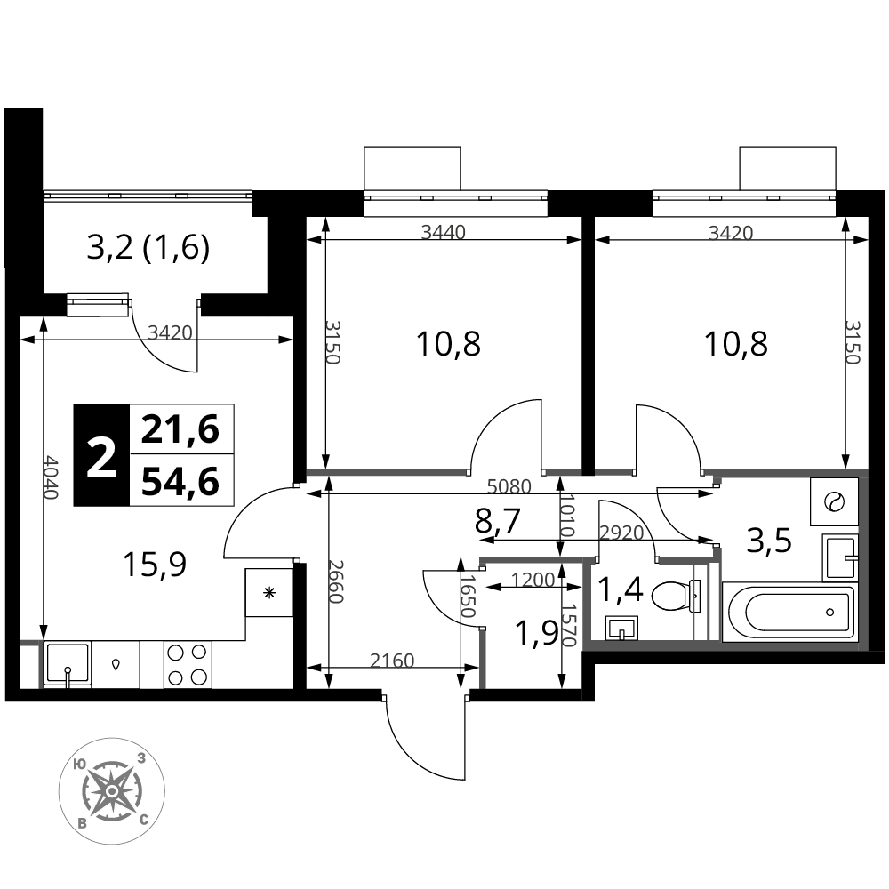 2-комнатная 54 м2 в ЖК 1-й Шереметьевский корпус null этаж 7