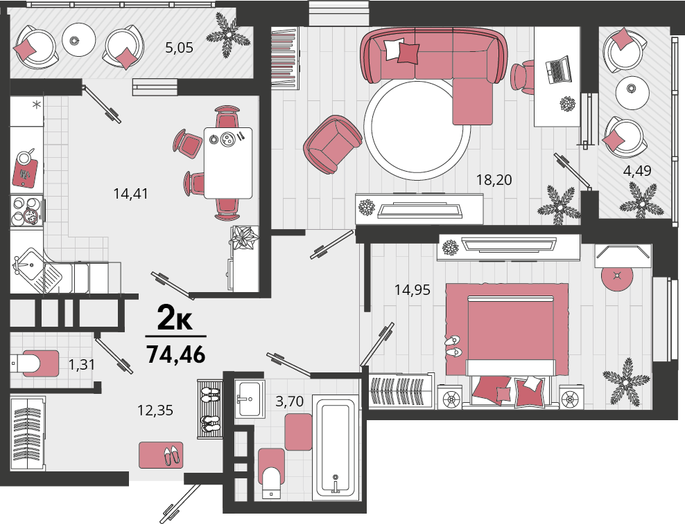2-комнатная 71 м2 в ЖК Родные просторы корпус null этаж 7