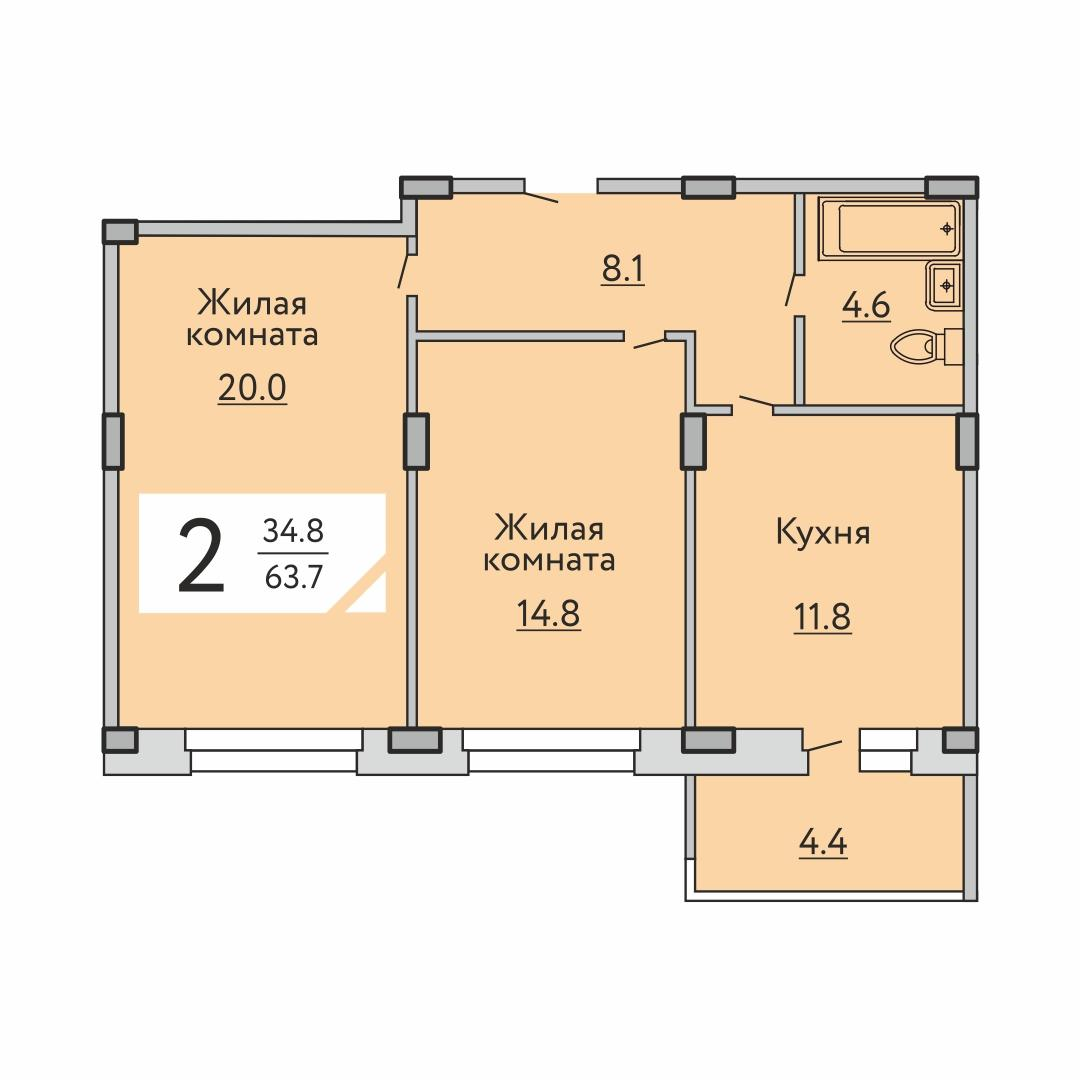 2-комнатная 63 м2 в ЖК Агат корпус null этаж 2