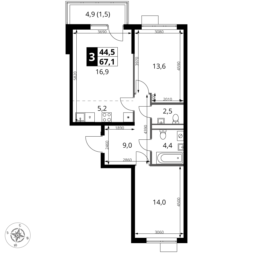 3-комнатная 67 м2 в ЖК 1-й Ясеневский корпус null этаж 3