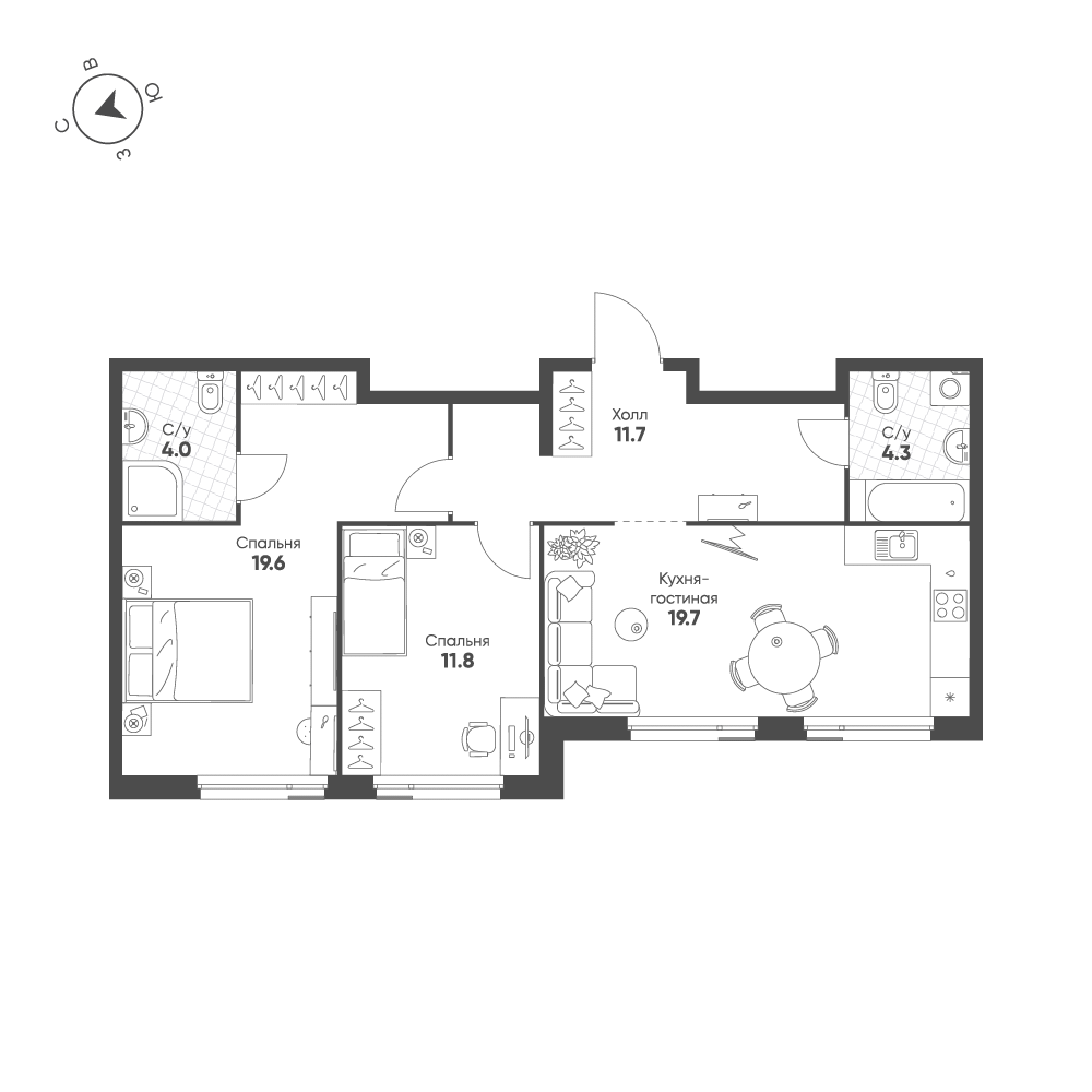 2-комнатная 71 м2 в ЖК Шагал корпус null этаж 9