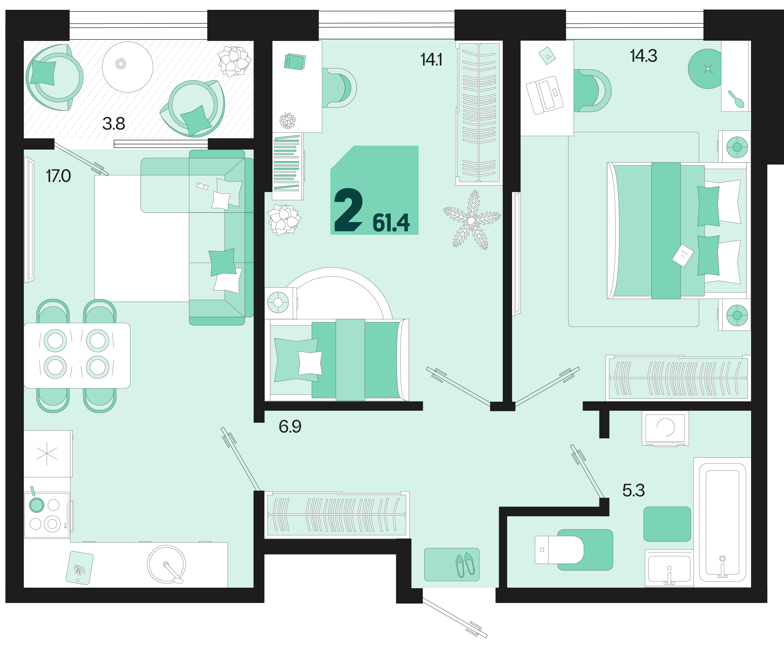 2-комнатная 61 м2 в ЖК Первое место корпус null этаж 2