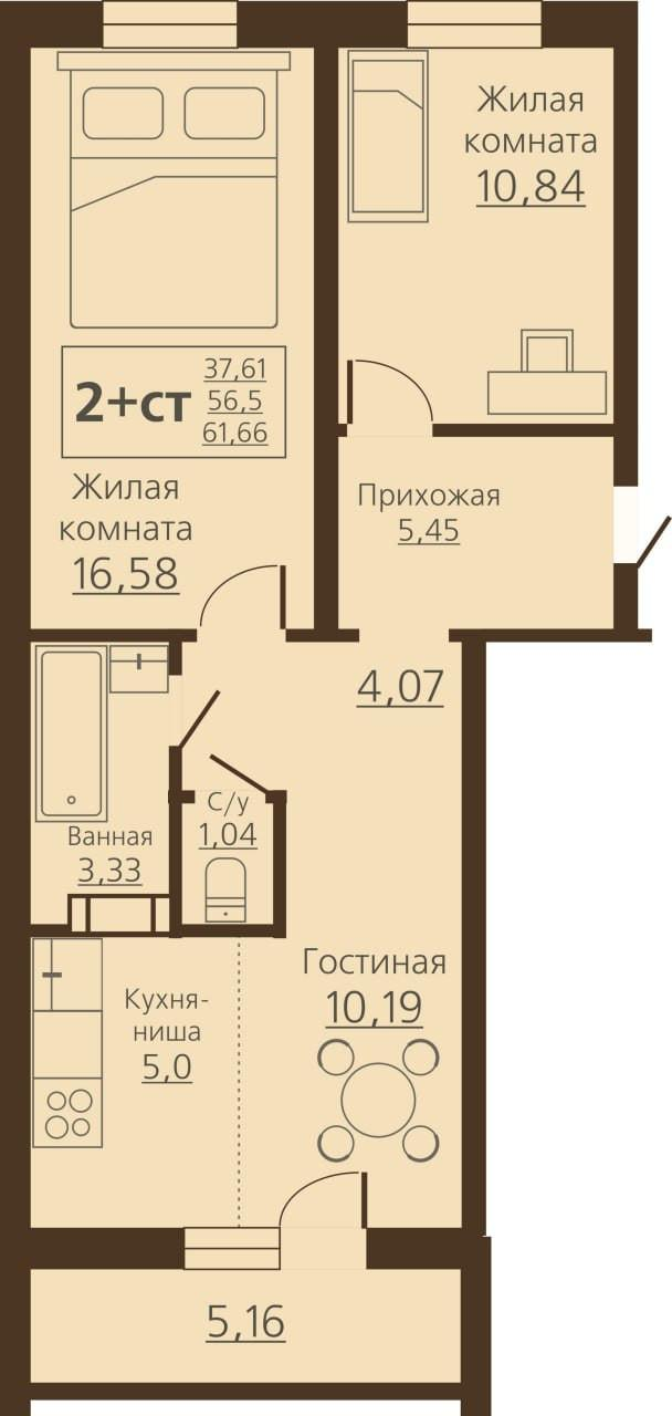 2-комнатная 61 м2 в ЖК undefined корпус null этаж 5