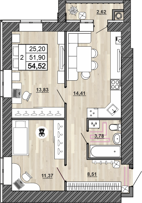 2-комнатная 54 м2 в ЖК Сокол корпус null этаж 2