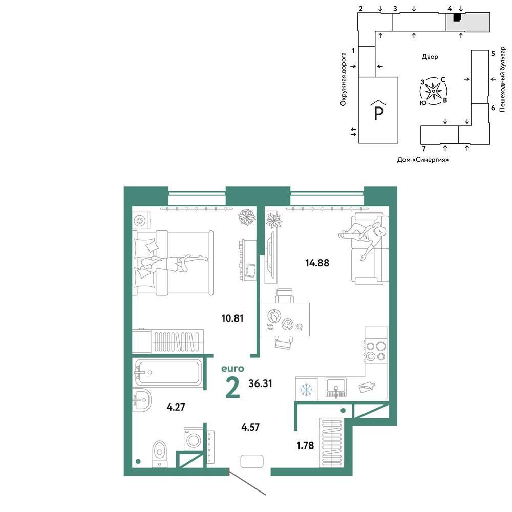 2-комнатная 36 м2 в ЖК Юнион корпус null этаж 15