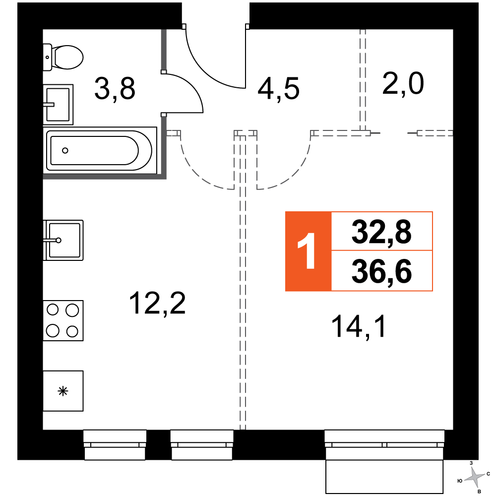 1-комнатная 36 м2 в ЖК Дубровицы Клаб корпус null этаж 4