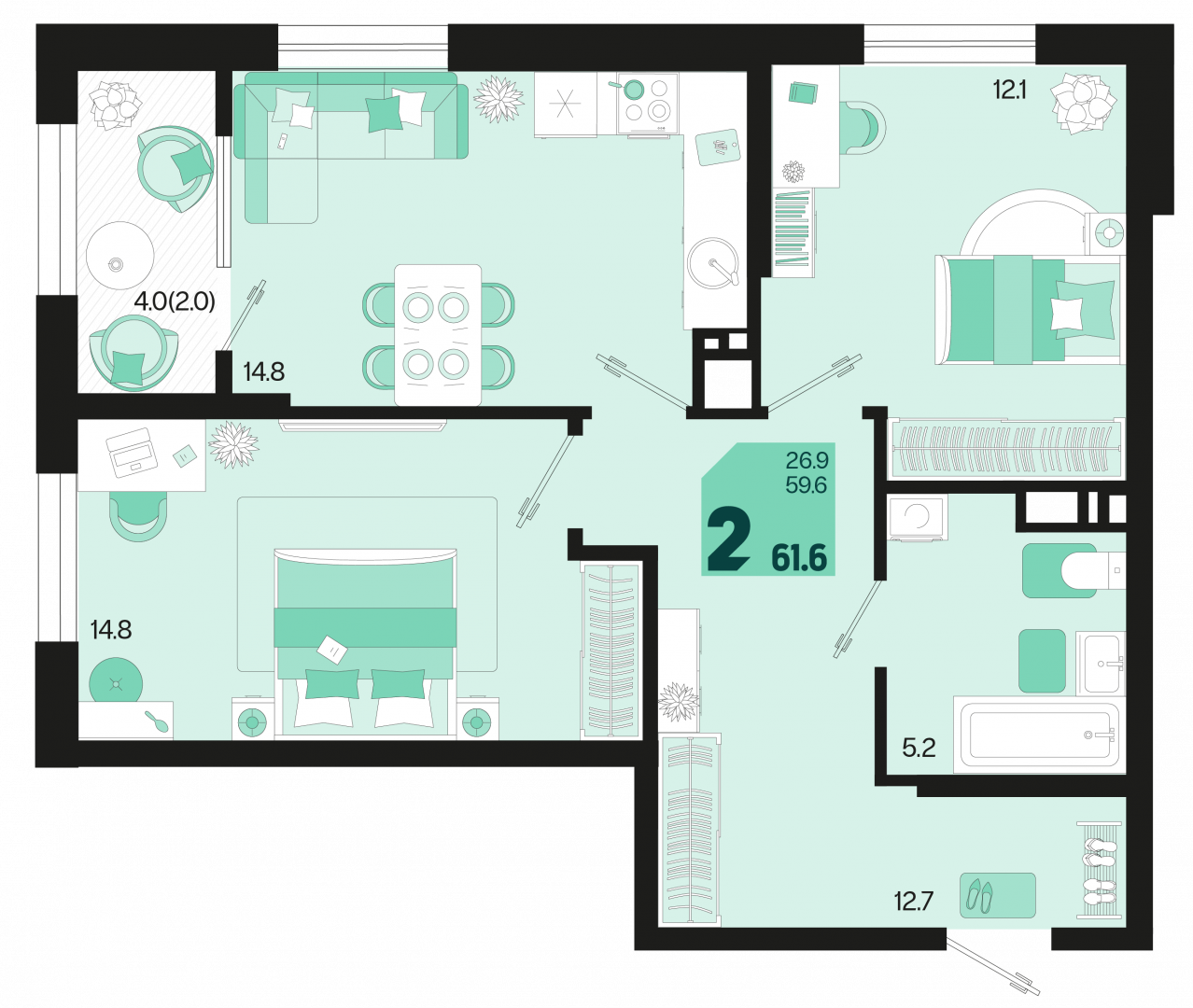 2-комнатная 61.6 м2 в ЖК undefined корпус null этаж 11