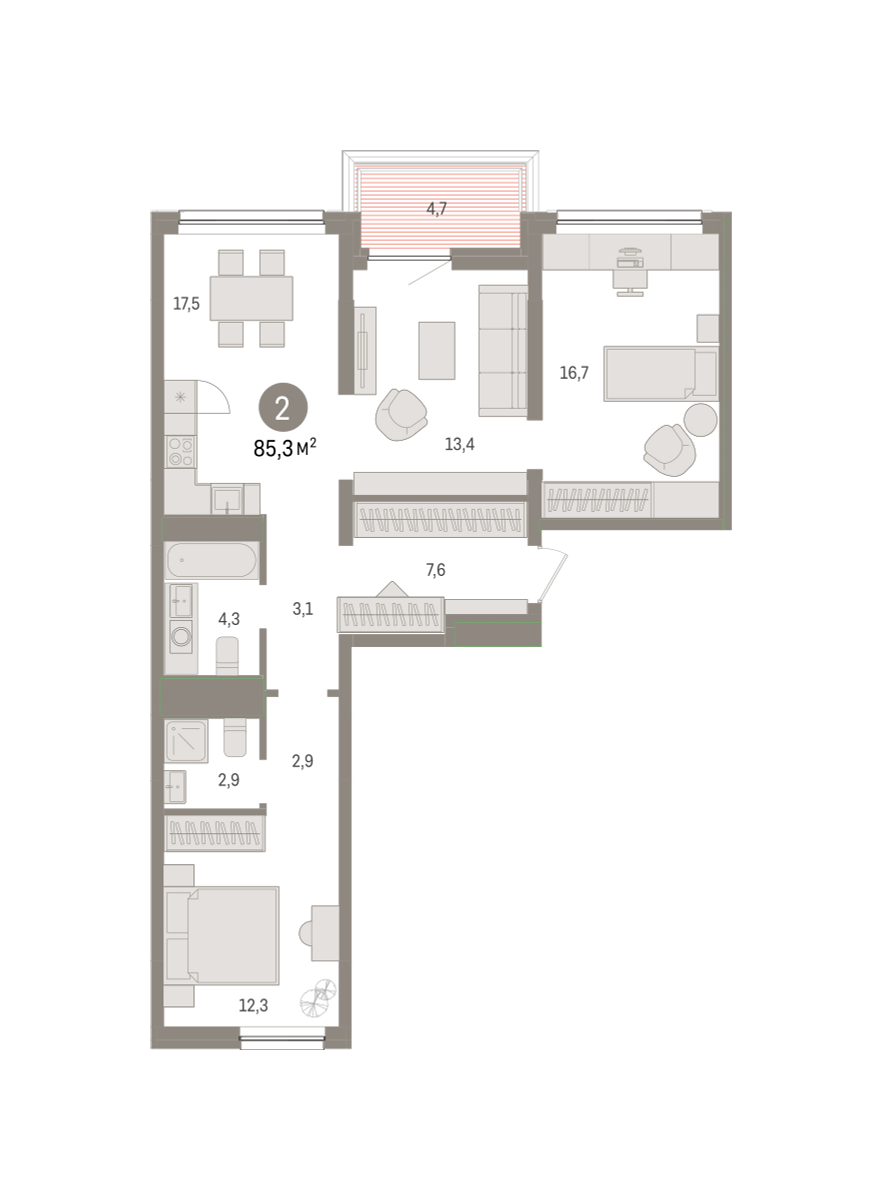 2-комнатная 85 м2 в ЖК Зарека корпус null этаж 3