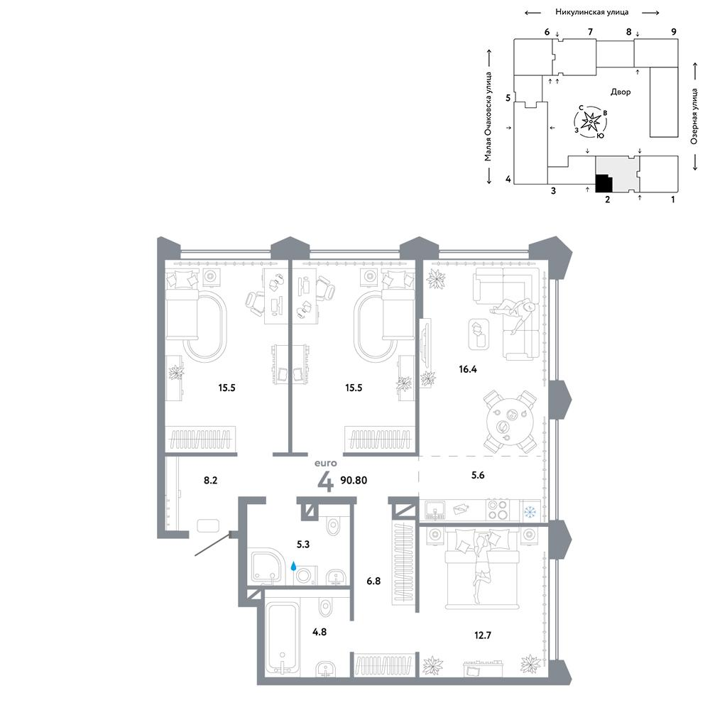 4-комнатная 90 м2 в ЖК Страна.Озёрная корпус null этаж 28